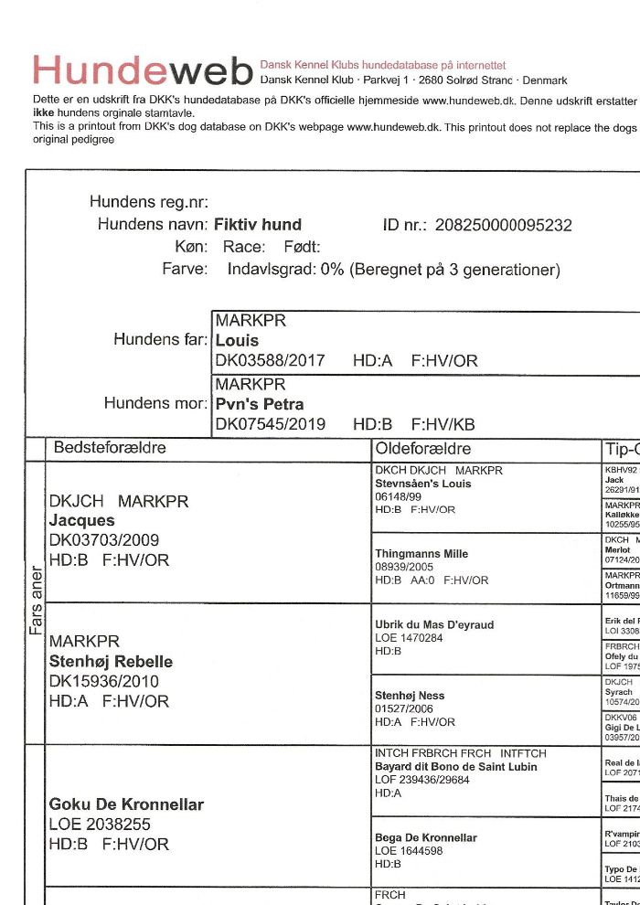 Stamtavle for de kommende hvalpe